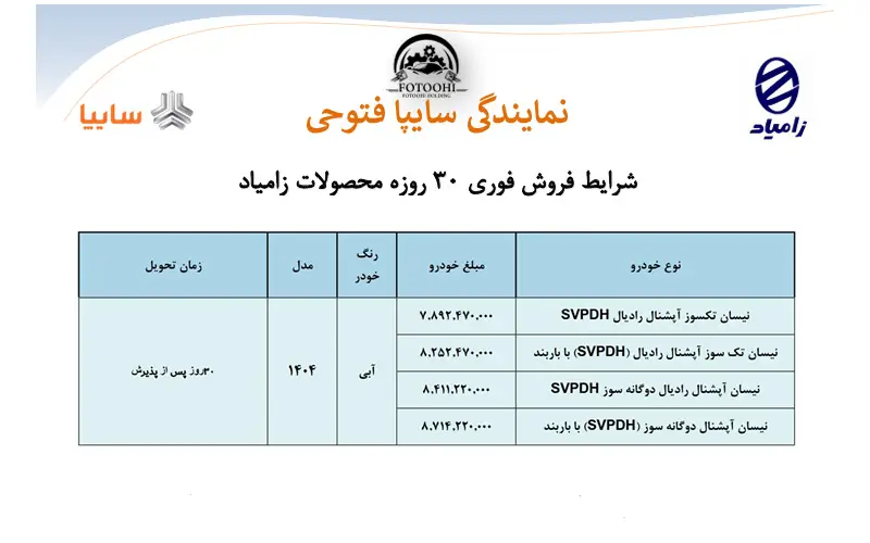 شرایط فروش فوری 30 روزه محصولات زامیاد